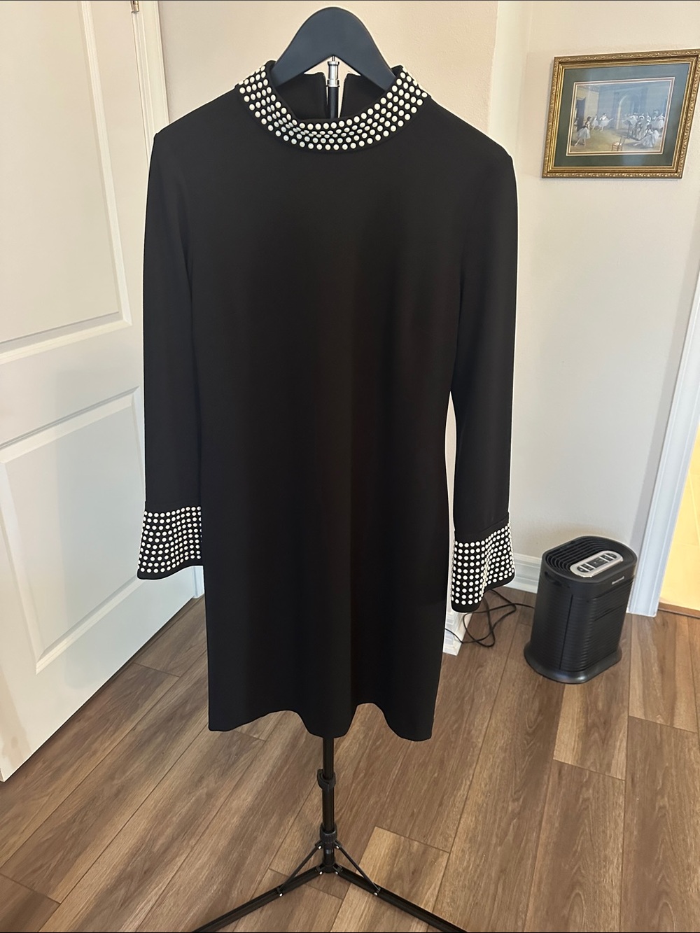 Karl Lagerfeld Black Long-Sleeve Shift Dress with Pearl Trim